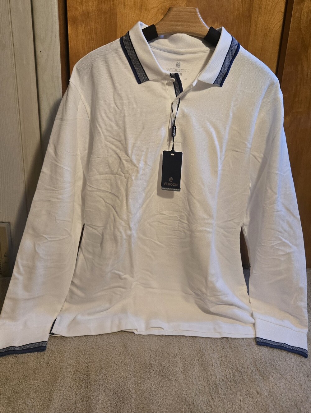White Long Sleeve Polo with Navy Trim